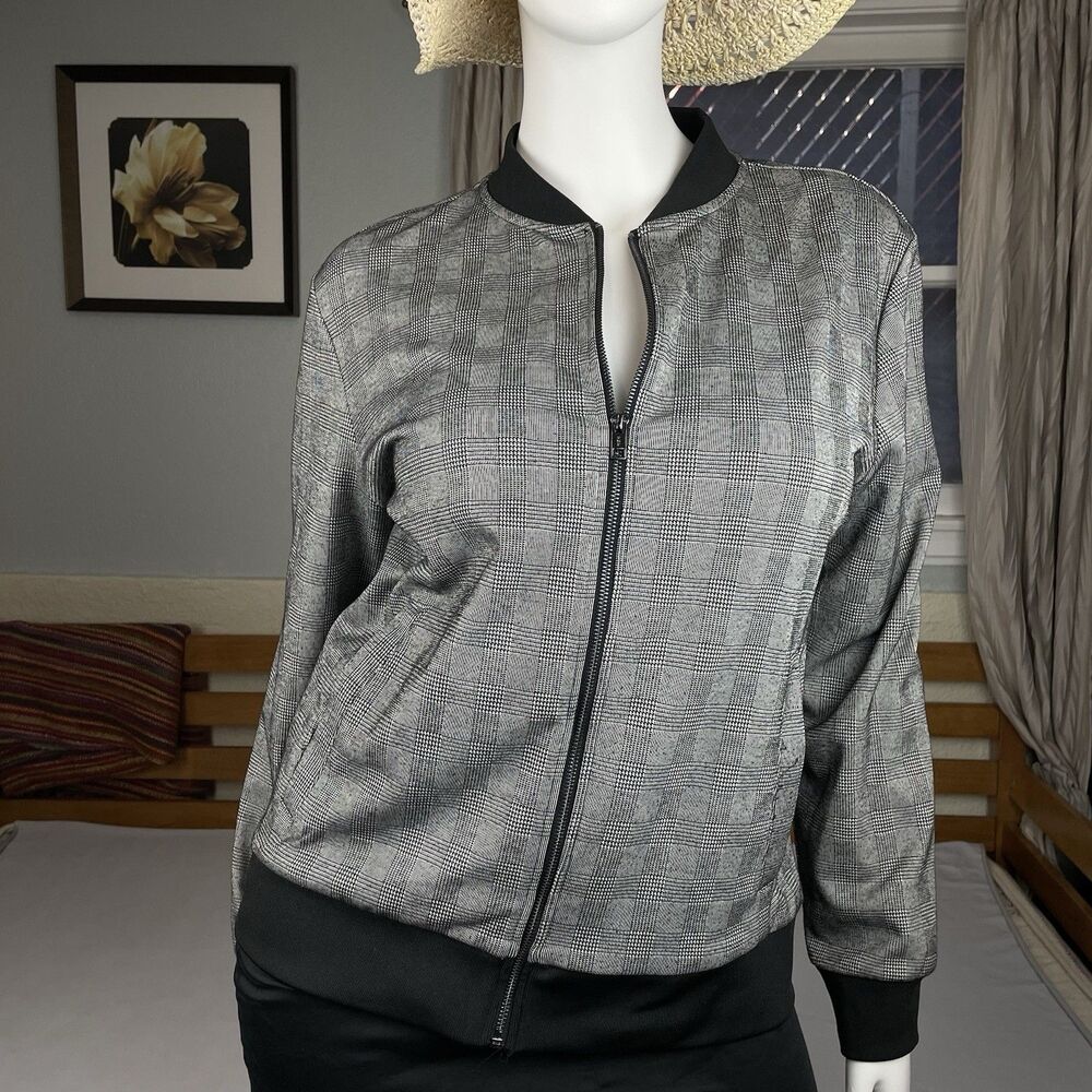 H&M Full Zip Plaid Jacket Men’s Large Gray Black Long Sleeve Pockets Normcore